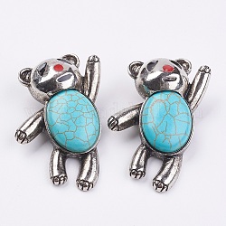 Synthetic Turquoise Brooch, with Antique Silver Alloy Findings, Bear, 56x42mm