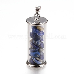 Wunschflaschenanhänger aus Aluminium und Glas glass, Mit natürlichen lapis lazuli chips, Platin Farbe, Kolumne, 35x13.5 mm, Bohrung: 4x3.5 mm