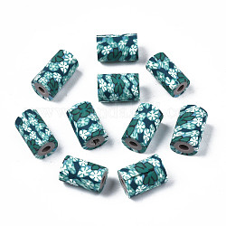 Manuell Polymer Ton Perlen, säule mit schmuckhandwerksmuster, blaugrün, 11x6~7.5 mm, Bohrung: 2~3 mm