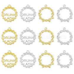 SUPERFINDINGS 32Pcs 4 Styles Rack Plating Alloy Pendants,  Twist Ring & Bottle Cap with Word Drunk Lady, Platinum & Golden, 22~26.5x20~24x3~3.5mm, Hole: 1.6mm, about 8pcs/style