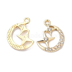 Rack Plating Alloy Crystal Rhinestone Pendants, Moon with Star Charms, Golden, 20.5x17x2.5mm, Hole: 1.5mm