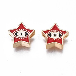Perles en laiton émaillé, sans nickel, or, étoile avec un mauvais œil, rouge, 11x11.5x4mm, Trou: 1.2mm