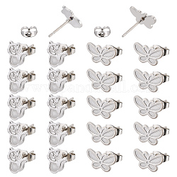 DICOSMETIC 40Pcs 2 Style 304 Stainless Steel Stud Earring Settings for Enamel, with 80Pcs 304 Stainless Steel Ear Nuts, Cat & Butterfly, Stainless Steel Color, 10x8.5mm, Pin: 0.8mm, 20pcs/style