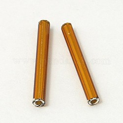 Chocolate Silver-Lined Round Hole Glass Bugle Beads, 15~17x1.5~2mm, Hole: 0.8~1.0mm