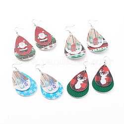 Christmas Theme, PU Leather Teardrop Dangle Earrings, with Brass Earring Hooks, Platinum, Mixed Color, 80mm, Pin: 0.65mm