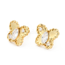 Clear Cubic Zirconia Butterfly Stud Earrings, Brass Jewelry for Women, Cadmium Free & Nickel Free & Lead Free, Real 18K Gold Plated, 13x14.5mm, Pin: 0.8mm