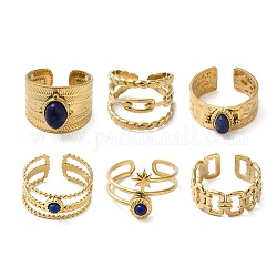 6Pcs 6 Style Teardrop & Star & Rectangle 304 Stainless Steel Open Cuff Rings Set, Natural Lapis Lazuli Stackable Rings, Real 18K Gold Plated, Inner Diameter: 17.8~18.7mm, 1Pc/style