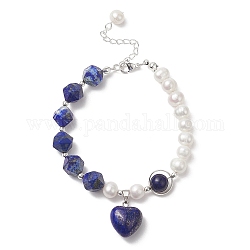 Braccialetto di fascino del cuore di lapislazzuli naturali con catene di perline di perle naturali per le donne, 7-5/8 pollice (19.4~19.5 cm)