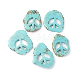 Natural Howlite Big Pendants, Dyed, Nuggets with Peace Sign, Turquoise, 52~55x36~49x5mm, Hole: 1mm