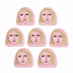 Pendentifs acryliques, 3d imprimé, demi-ovale avec motif femme, rose, 33x32x2mm, Trou: 1.6mm