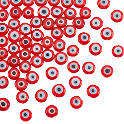 Nbeads handgefertigte Bunte Malerei-Perlenstränge mit bösem Blick, Flachrund, rot, 6x3 mm, Bohrung: 1 mm, ca. 65 Stk. / Strang, 14'' (35.56 cm)
