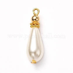 Colgantes de perlas de vidrio, pintado, con fornituras de latón, dorado, lágrima, blanco, 25x7.5mm, agujero: 1.5 mm