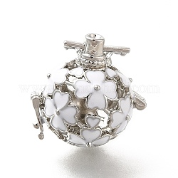 Pendentifs de cage de perle d'émail d'alliage, charme de trèfle creux, pour faire des colliers à pendentif carillon, platine, blanc, 34mm, Trou: 6x3mm, cage à billes : 26x25x21 mm, Taille intérieure de 18 mm.