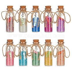 Bottiglia dei desideri in vetro di sughero per decorazione pendente, con perle di vetro e rotoli di carta all'interno, fascino in lega, colore misto, 22x67mm