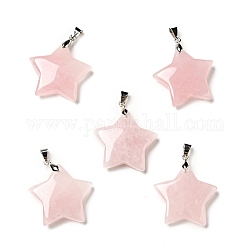 Pendentifs de quartz rose naturel, avec les accessoires en laiton de tonalité de platine, breloque étoiles, 29x30x8mm, Trou: 6x4mm