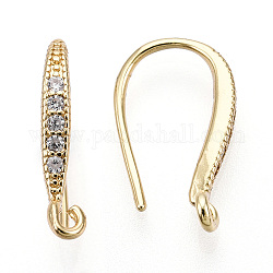 Brass Micro Pave Clear Cubic Zirconia Earring Hooks, with Horizontal Loop, Real 18K Gold Plated, 15x2mm, Hole: 1.2mm, 21 Gauge, Pin: 0.7mm