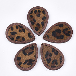 Umweltfreundliche Rindslederanhänger, mit gefärbtem Holz, Träne, mit Leopardenmuster, Schokolade, 46x32.5x4 mm, Bohrung: 1.2 mm