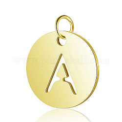 304 charms in acciaio inox, piatta e rotonda con la lettera, oro, letter.a, 12x1mm, Foro: 2.5 mm