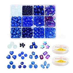 Kit per la creazione di gioielli con bracciale serie blu fai da te, 232 pz cuore e geometria perline in plastica e acrilico, perline di vetro e filo elastico elasticizzato, colore misto, perline: 232 pz / scatola