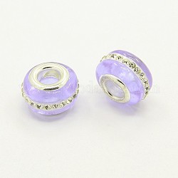 Handmade Lampwork Glass European Beads, with Brass Double Cores, Large Hole Rondelle Beads, with Polymer Clay Rhinestone, Lilac, 13x9mm, Hole: 5mm