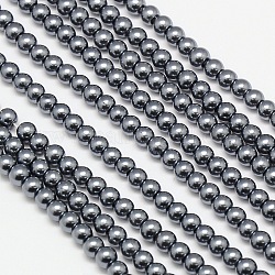 Hebras redondas de perlas de vidrio teñido ecológico, Grado A, cordón de algodón rosca, gris, 4~4.5mm, agujero: 0.7~1.1 mm, aproximamente 104 pcs / cadena, 15 pulgada