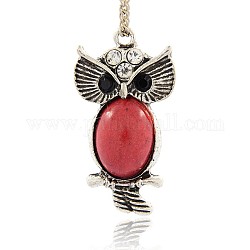 Antique Silver Tone Alloy Synthetic Turquoise Bird Pendants, Owl for Halloween, Red, 42x22x7mm, Hole: 2mm