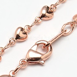 Brass Heart Link Chain Necklaces, with Brass Lobster Claw Clasps
, Rose Gold, 18.5inch, 4mm