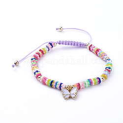 Adjustable Nylon Cord Braided Bead Bracelets, with Polymer Clay Heishi Beads, Alloy Enamel Charms and Real 18K Gold Plated Brass Beads, Butterfly, Lilac, 1-7/8 inch~3-1/8 inch(4.9~8.1cm)