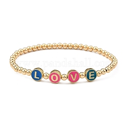 Stretch Perlen Armbänder aus Messing, zum Valentinstag, mit flachen runden Alu-Emailperlen, Wort Liebe, golden, Innendurchmesser: 2-3/8 Zoll (5.95 cm)