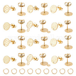 Unicraftale 24Pcs 6 Style Ion Plating(IP) 304 Stainless Steel Flat Round Stud Findings, with Ear Nuts/Earring Backs and Hole, with 24Pcs Open Jump Rings, Golden, 8~11.5mm, Hole: 1.2~1.8mm, Pin: 0.8mm, 4Pcs/style