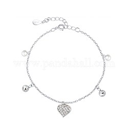 925 Sterling Silber Charme Armbänder, Schale mit Perlen und Zirkonia, Herz, Transparent, Silber