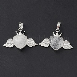 Natural Quartz Crystal Pendants, Rock Crystal Pendants, Heart Charms with Wings & Crown, with Platinum Tone Brass Crystal Rhinestone Findings, 26x35.5x8mm, Hole: 8x5mm