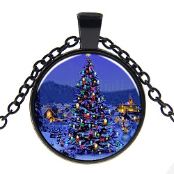 Weihnachtsthema Glas Anhänger Halsketten, mit Legierung-Zubehör, Flache Runde mit Weihnachtsbaum, Metallgrau, 17.7 Zoll (45 cm), Anhänger: 27 mm