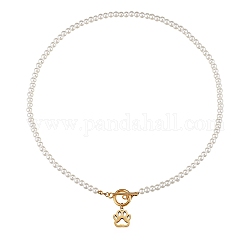 304 aus rostfreiem Stahl Halsketten, mit runden Perlen aus Acrylperlenimitat und Knebelverschlüssen, Hundepfotenabdruck, weiß, golden, 18.07 Zoll (45.9 cm)