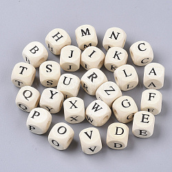 Perle di legno naturale stampate, foro orizzontale, cubo con lettera iniziale, papayawhip, lettere miste casuali, 10x10x10mm, Foro: 3.5 mm, circa 1000pcs/500g
