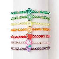 Ensemble de bracelets extensibles en perles de verre 7 pièces 7 styles, bracelets empilables en argile polymère citron & kiwi & poire & pomme & pitaya & orange pour femme, couleur mixte, diamètre intérieur: 2-1/8 pouce (5.5 cm), 1 pc/orgelet