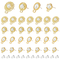 DICOSMETIC 32Pcs 4 Styles Pearl Earring Studs Half Ball Ear Stud Alloy Earring Posts with Loop Gold Plated Ear Pad Base Posts with 50Pcs Ear Nuts for DIY Earring Making, Hole: 1~2mm
