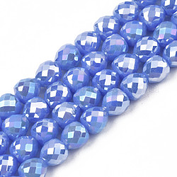 Cuentas de vidrio opaco electrochapa color sólido hebras, color de ab chapado, facetados, fresa, azul aciano, 6x6mm, agujero: 1.4 mm, aproximamente 100 pcs / cadena, 24.02 pulgada (61 cm)