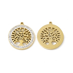 Vacuum Plating 201 Stainless Steel Rhinestone Pendants, Flat Round with Tree of Life Pattern Charms, Real 18K Gold Plated, Crystal, 16.5x15x1.5mm, Hole: 0.9mm