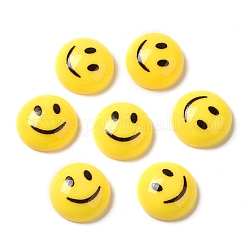 Cabuchones de resina opacos, media caña con estampado de cara sonriente, amarillo, 14x5.5mm