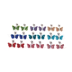 Boucles d'oreilles en cartilage d'haltères en acier inoxydable, avec strass, papillon, couleur mixte, 7x10mm, pin: 1 mm, perles: 4 mm