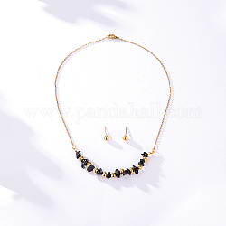 Natural Obsidian Chips Pendant Necklace & Round Ball Stud Earrings, Golden Stainless Steel Jewelry Set, no size