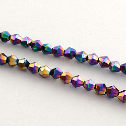 Fili di perle di vetro placcato, arcobaleno placcato, sfaccettato bicono, multicolore placcato, 3x3.5mm, Foro: 1 mm, circa 125~130pcs/filo, 18 pollice