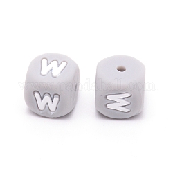 Perles de silicone, cube avec letter.w, grises , 12x12x12mm, Trou: 2mm