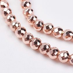 Non-magnetic Synthetic Hematite Bead Strands, Faceted, Round, Rose Gold Plated, 3mm, Hole: 0.5mm, about 137pcs/strand, 15.3 inch