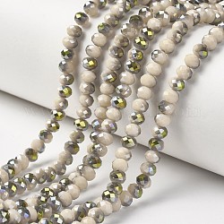 Chapelets de perles en verre opaque électrolytique, moitié vert plaqué, facette, rondelle, amande blanchie, 6x5mm, Trou: 1mm, Environ 85~88 pcs/chapelet, 16.1~16.5 pouce (41~42 cm)