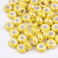 Perles de porcelaine plaquées, Perles avec un grand trou   , de couleur plaquée ab , rondelle, jaune, 12~13x6.5mm, Trou: 6mm