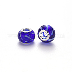 Handgemachte glasperlen murano glas großlochperlen, großes Loch Rondell Perlen, mit Platin-Ton Messing Doppeladern, Blau, 14~15x9~10 mm, Bohrung: 5 mm
