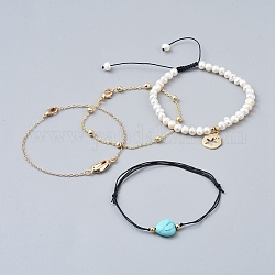 Bracelets Sets, with Nylon Cord, Synthetic Turquoise Beads, Pearl Beads and Brass Findings, 2