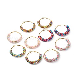 Glass Seed Beaded Hoop Earrings for Girl Women, with 304 Stainless Steel Ear Wire, Golden, Mixed Color, 49x8mm, Pin: 1mm